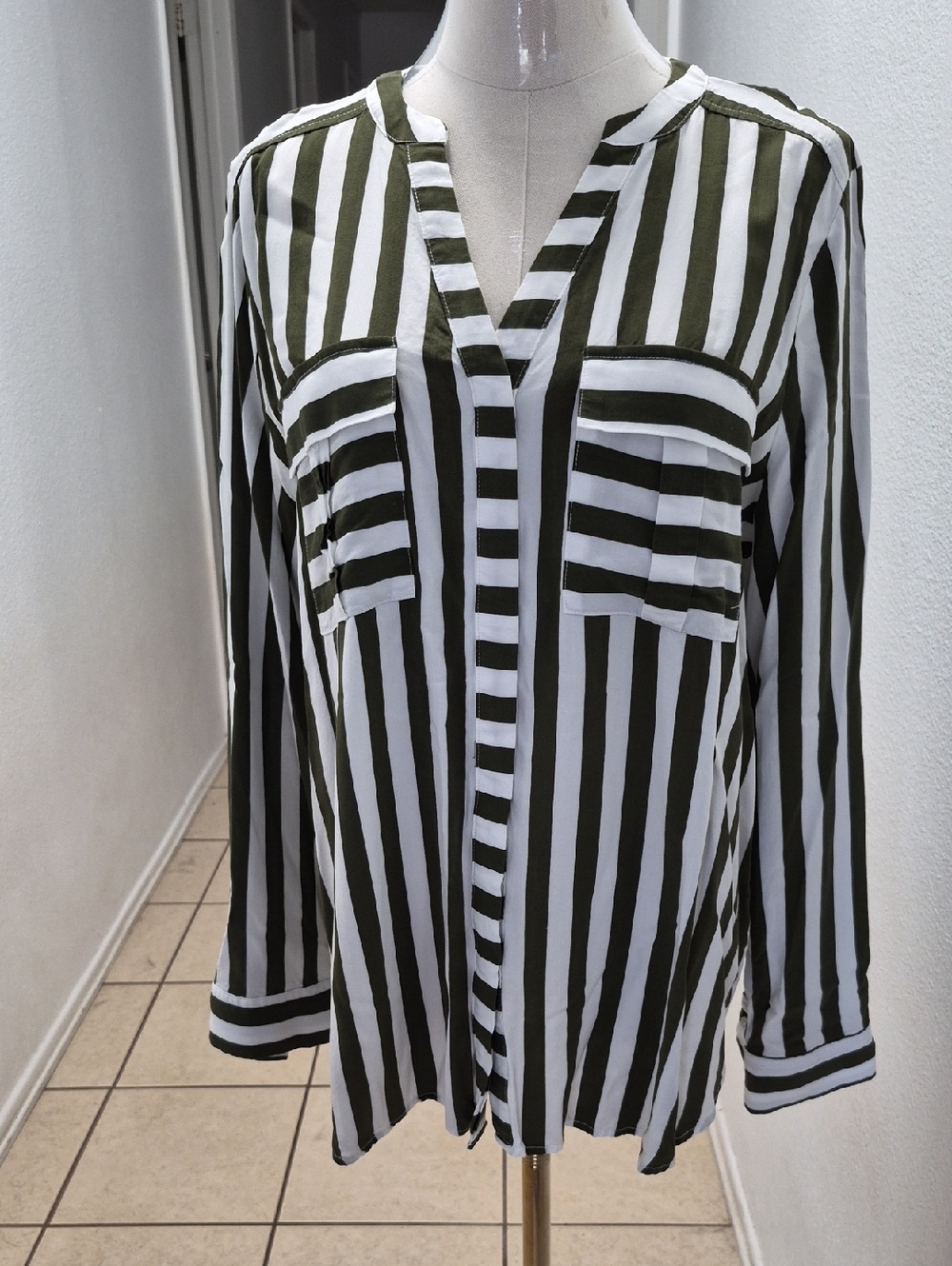 a.n.a Olive Green and White Striped Button-Up Top,super light weight